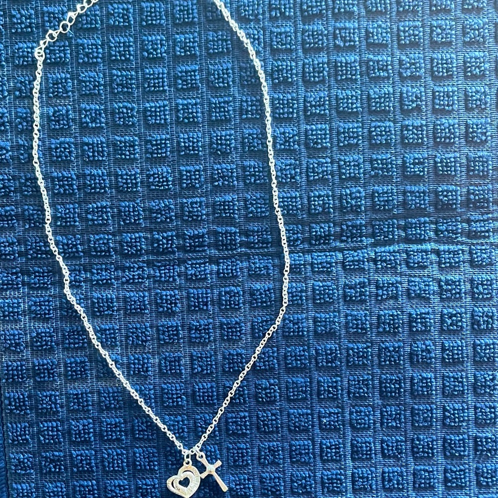 18” 1mm, sterling silver 925 circle chain necklace with heart And Cross  pendant